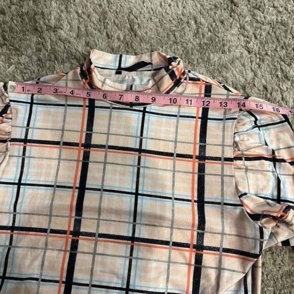 Peach Blue Black Striped Plaid High Neck Puff Sleeve Women's Blouse - Picture 5 of 8